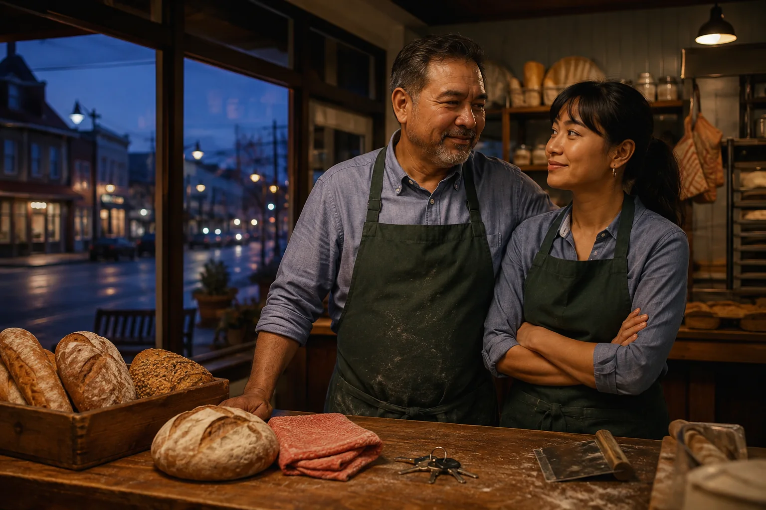 A neighbourhood bakery owner and his daughter at work