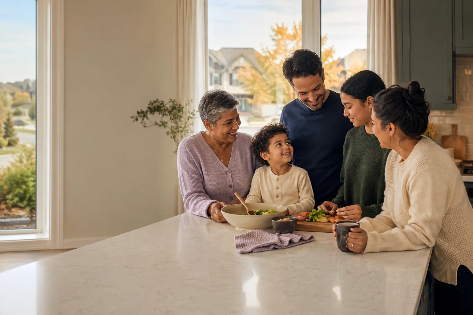 Three generations preparing a meal together at home