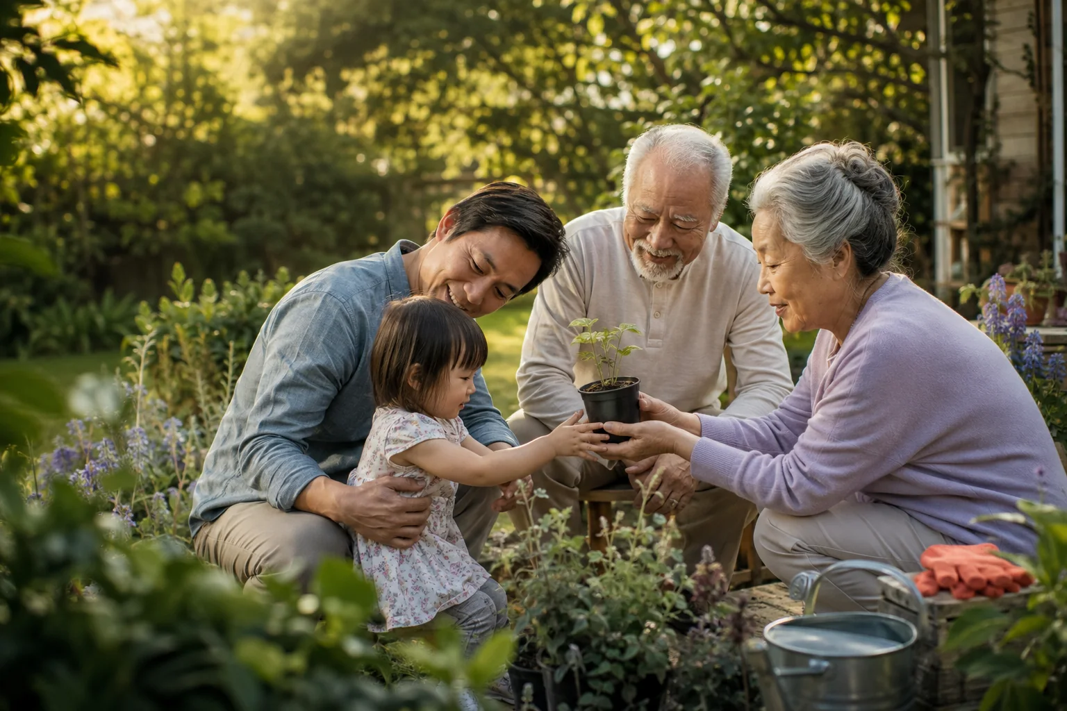 Three generations tending a young plant together