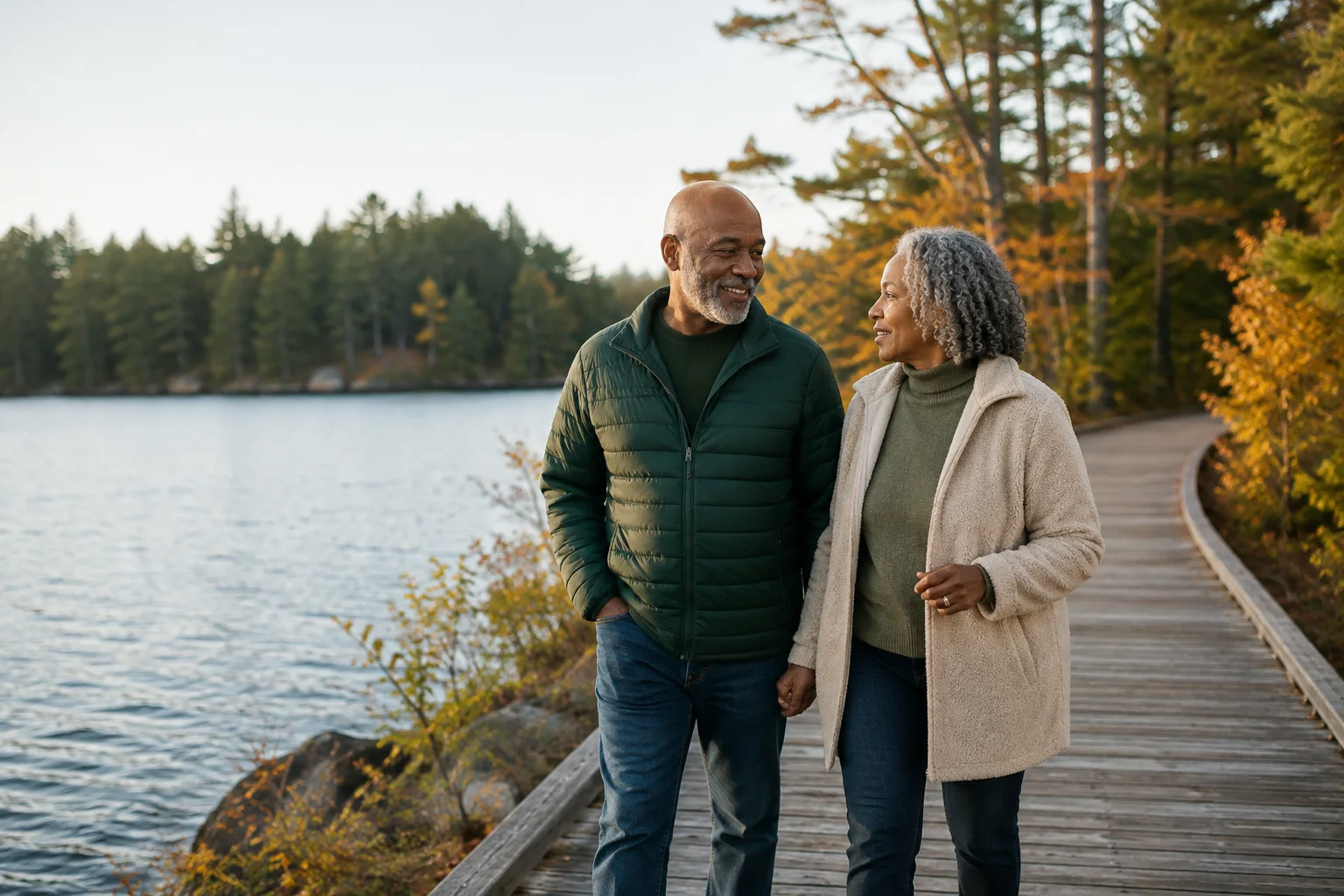An older couple enjoying a lakeside walk in autumn